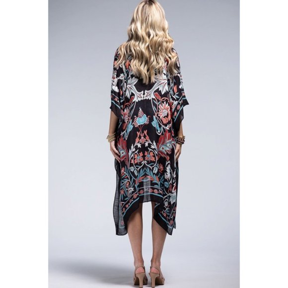 SOLD OUT Teal Black Leaf & Flower Printed Kimono Open Wrap Coverup Kimono Top - Picture 5 of 5